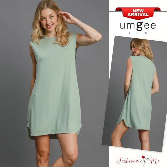 Umgee Round Neck Sleeveless High-Low Curved Hemline Mini Dress | Dusty Mint - Picture 1 of 5